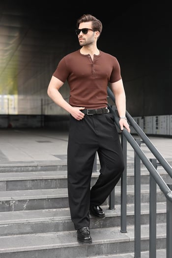 Acı Kahverengi Yarım Düğmeli Slim Fit Erkek Tişört E7186