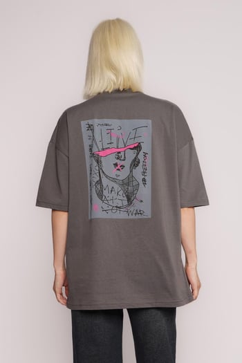 Füme Baskılı Oversize Tişört MG1491