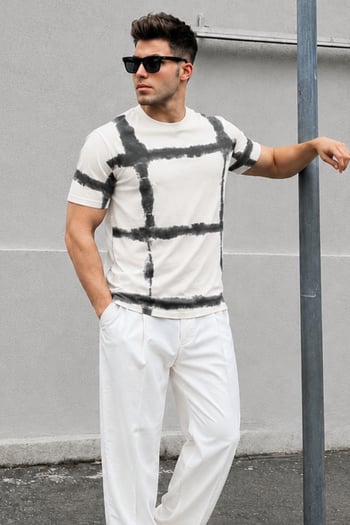 Ekru Bisiklet Yaka Baskılı Basic Erkek T-shirt E7109