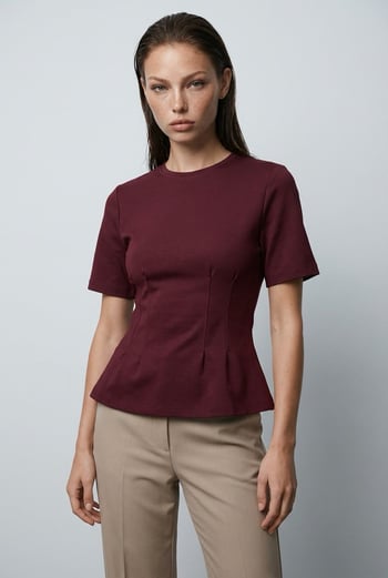 Bordo Kadın Bisiklet Yaka Belden Oturtmalı Basic Tişört MG2670
