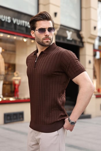 Kahverengi Polo Yaka Slim Fit Triko Erkek Tişört E7465