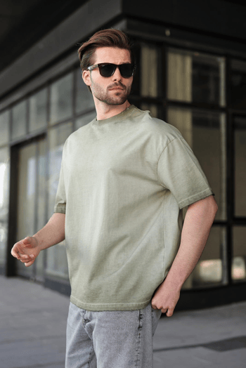 Haki %100 Pamuklu Bisiklet Yaka Oversize Erkek Tişört E7177