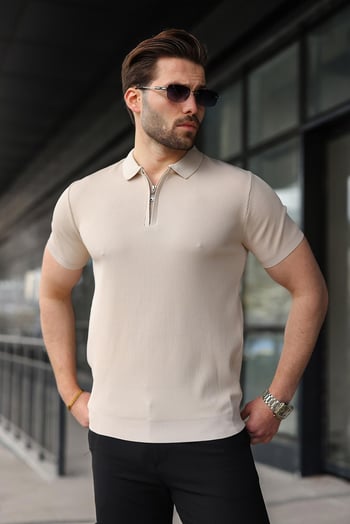 Taş Rengi Yarım Fermuarlı Polo Yaka Triko Erkek Tişört E7459
