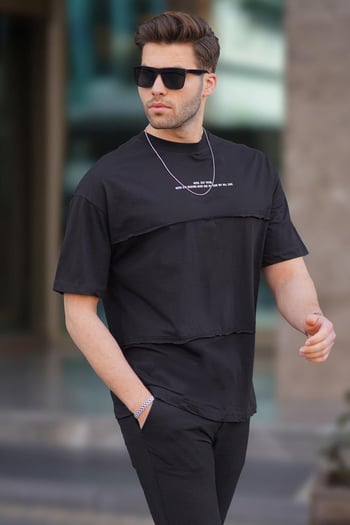 Siyah Oversize Baskılı Bisiklet Yaka Tişört 7017