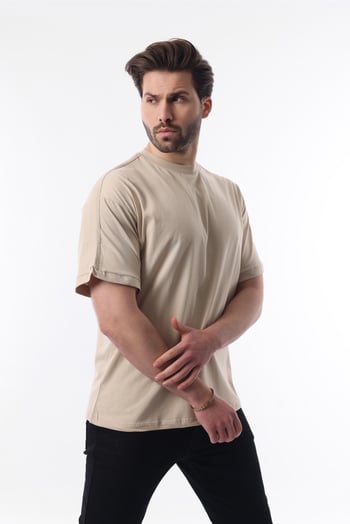 Erkek Vizon Oversize Şerit Detaylı Basic Tişört 7023