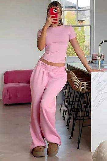 Pembe Bisiklet Yaka Basic Kadın Tişört MG1725