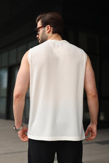 Ekru Bisiklet Yaka Jakarlı Kolsuz Erkek Tişört E7180