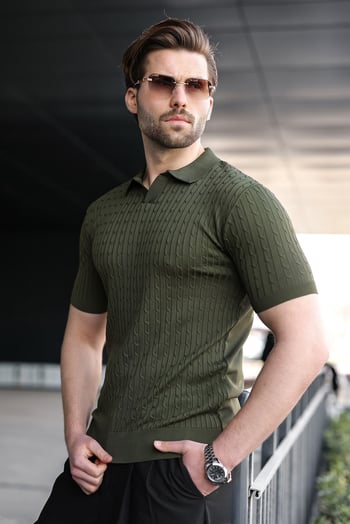 Haki Slim Fit Polo Yaka Triko Erkek Tişört E7472