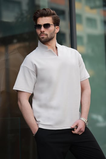 Taş Rengi  Polo Yaka Erkek Basic T-shirt E7145