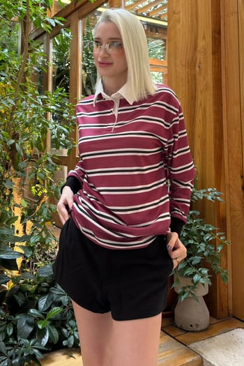 Bordo Çizgili Polo Yaka Kadın Uzun Kollu Tişört  MG2575