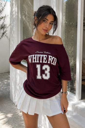 Bordo Kayık Yaka Oversize Baskılı Tişört MG2824