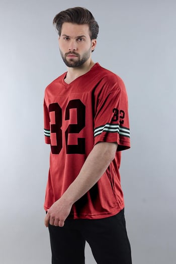 Bordo Baskılı V Yaka Erkek Tişört E5838