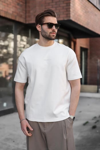 Ekru Bisiklet Yaka Oversize Erkek Tişört E7176