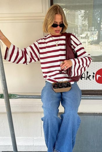 Ekru Çizgili Uzun Kollu Kadın Tshirt MG2571