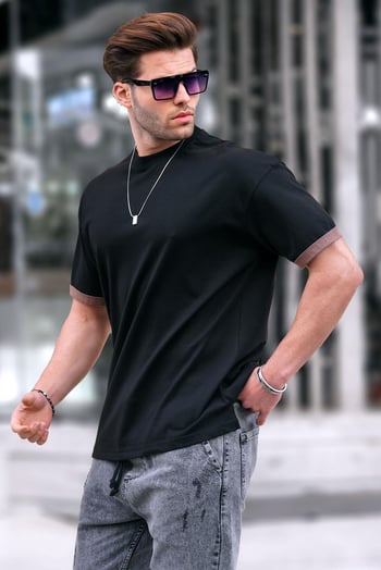 Siyah Oversize Bisiklet Yaka Tişört 6184