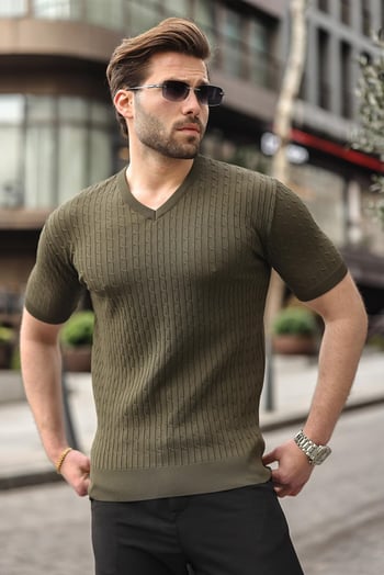Haki V Yaka Kısa Kollu Triko Erkek Tişört E7467