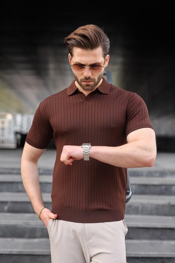 Kahverengi Polo Yaka Triko Erkek Tişört E7461