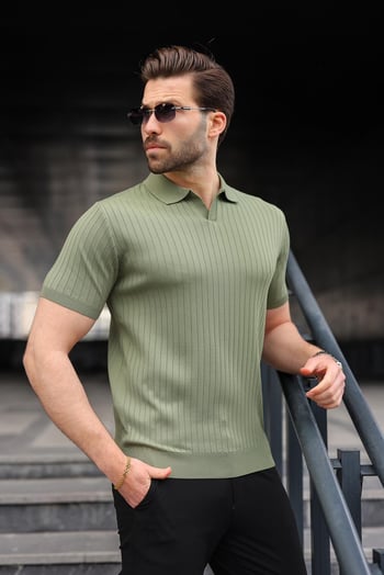 Haki Polo Yaka Triko Erkek Tişört E7461