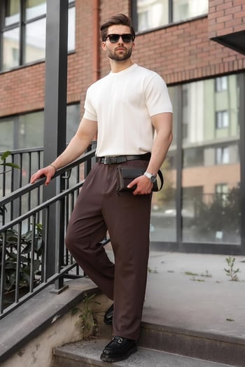 Beyaz Regular Fit Bisiklet Yaka Fitilli Triko Erkek Tişört E7490