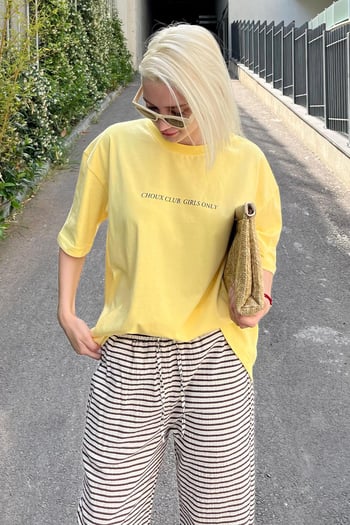 Sarı Oversize Sırt Ve Ön Baskılı Bisiklet Yaka Kısa Kollu Tişört MG2130