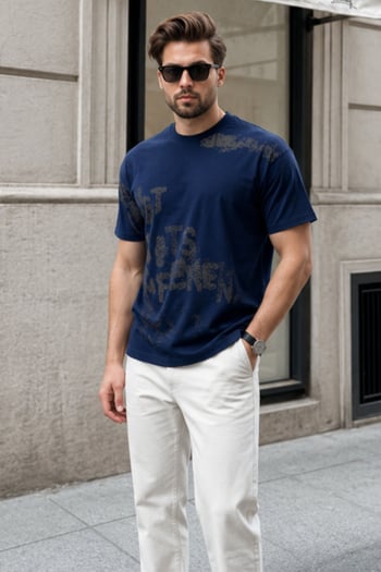 Lacivert Baskılı Erkek T-shirt E7115