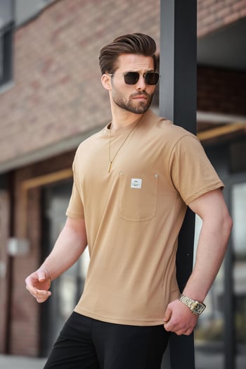 Kapuçino Cepli Bisiklet Yaka Basic Tişört E7149