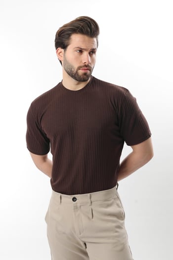 Kahverengi  Dokulu Çizgi Tasarım Bisiklet Yaka Erkek T-shirt E7122