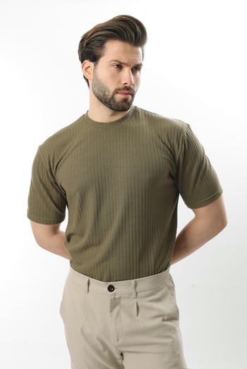 Haki Dokulu Çizgi Tasarım Bisiklet Yaka Erkek T-shirt E7122
