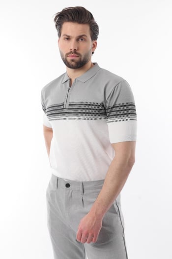 Gri Fermuarlı Polo Yaka Desenli Erkek T-shirt E7296