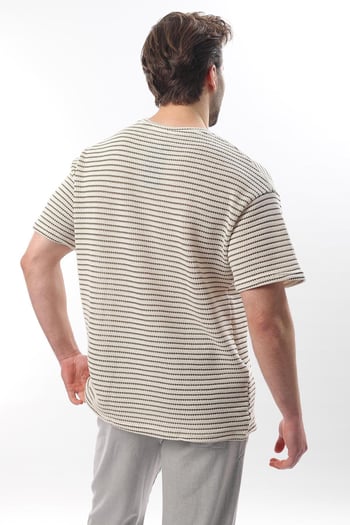 Haki Bisiklet Yaka Pamuklu Çizgili Erkek T-shirt E7121