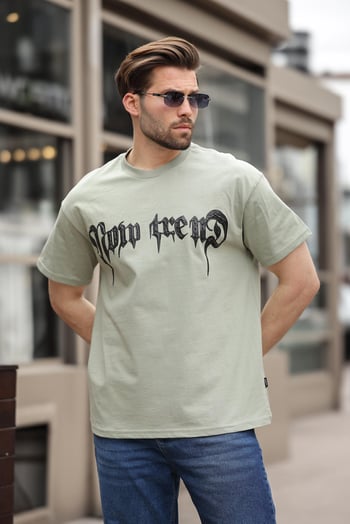 Mint Yeşili  Baskılı %100 Pamuk Erkek T-shirt E7141