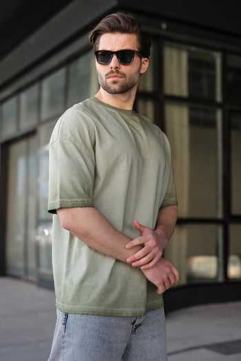Haki %100 Pamuklu Bisiklet Yaka Oversize Erkek Tişört E7177