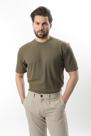 Haki Dokulu Çizgi Tasarım Bisiklet Yaka Erkek T-shirt E7122