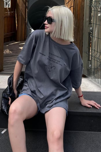 Füme Oversize Kalp Baskılı Bisiklet Yaka Kısa Kollu Tişört MG2129