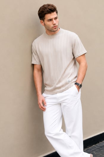 Bej Oversize Bisiklet Yaka Erkek Tişört 6179