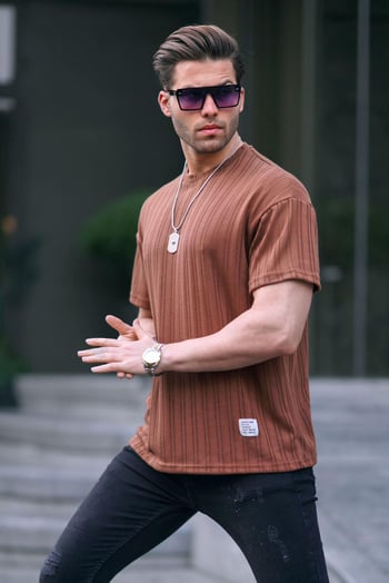 Kahverengi Oversize Bisiklet Yaka Erkek Tişört 6179