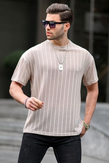 Bej Oversize Bisiklet Yaka Erkek Tişört 6179