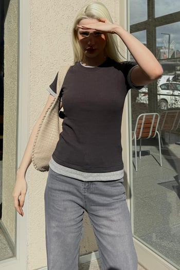 Siyah Bisiklet Yaka Çift Renkli Basic Tişört MG2682