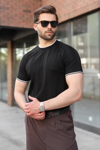Siyah Bisiklet Yaka Regular Fit Triko Erkek Tişört E7487