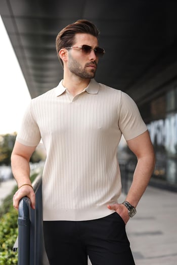 Taş Rengi Polo Yaka Triko Erkek Tişört E7461