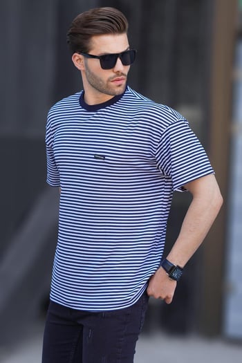 Lacivert Bisiklet Yaka Çizgili Kısa Kollu Arma Detaylı Erkek T-shirt 7031