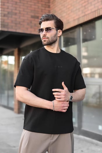 Siyah Bisiklet Yaka Oversize Erkek Tişört E7176