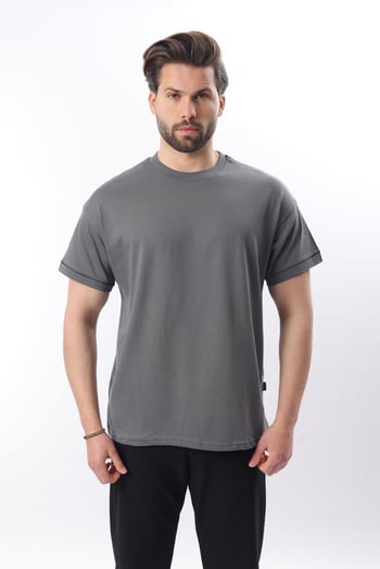 Füme Bisiklet Yaka Çoban Dikişli Overfit Erkek T-shirt E7103