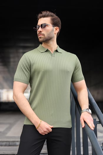 Haki Polo Yaka Triko Erkek Tişört E7461