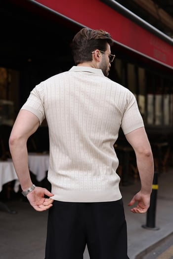 Taş Rengi Polo Yaka Slim Fit Triko Erkek Tişört E7465