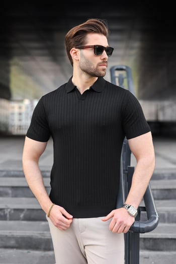 Siyah Polo Yaka Triko Erkek Tişört E7461