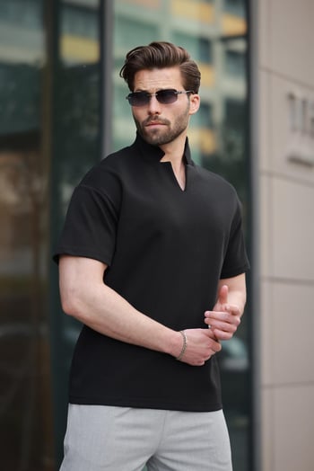 Siyah Polo Yaka Erkek Basic T-shirt E7145