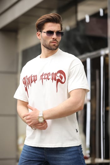 Ekru  Baskılı %100 Pamuk Erkek T-shirt E7141