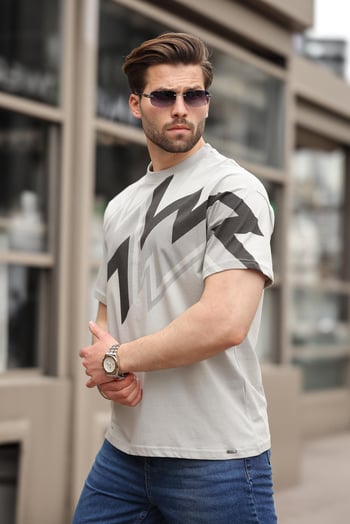 Boyalı Gri Baskılı %100 Pamuk Erkek T-shirt E7111