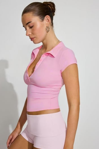 Pembe Polo Yaka Basic Kadın Tişört Mg2455